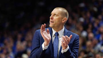 Jan 14, 2025; Lexington, Kentucky, USA; Kentucky Wildcats head coach Mark Pope reacts to the action during the second half against the Texas A&M Aggies at Rupp Arena at Central Bank Center. Mandatory Credit: Jordan Prather-Imagn Images