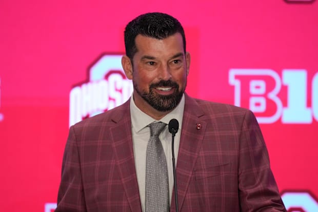 hio State head coach Ryan Day speaks to the media during the Big Ten NCAA college football media days at Mandalay Bay Resort.