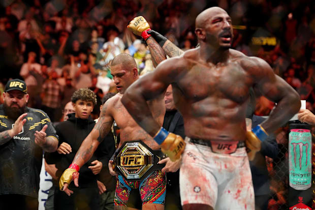 Alex Pereira reacts after defeating Khalil Rountree Jr.  in a light heavyweight title bout during UFC 307 at Delta Center. 