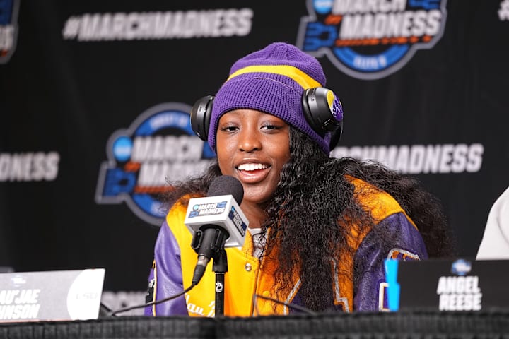 LSU Lady Tigers guard Flau'jae Johnson takes questions from the media at MVP Arena.
