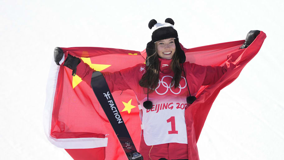Eileen Gu gold medalist celebrates in the Womens Freestyle skiing Halfpipe Final 