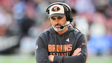 Nov 3, 2024; Cleveland, Ohio, USA; Cleveland Browns head coach Kevin Stefanski reacts during the second half against the Los Angeles Chargers at Huntington Bank Field. Mandatory Credit: Ken Blaze-Imagn Images