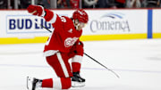 Jan 7, 2025; Detroit, Michigan, USA; Detroit Red Wings right wing Patrick Kane (88) celebrates after scoring in overtime against the Ottawa Senators at Little Caesars Arena. Mandatory Credit: Rick Osentoski-Imagn Images