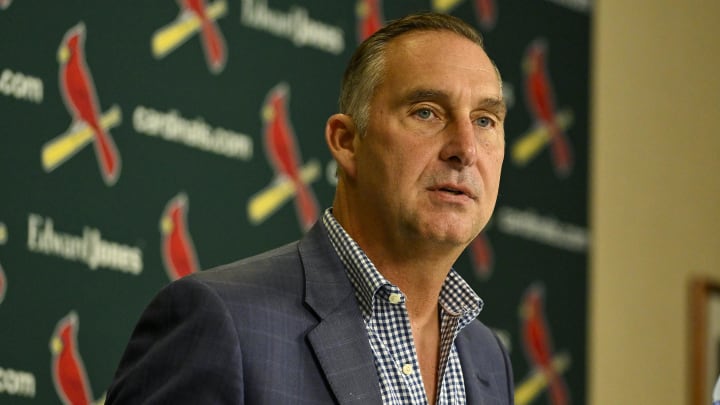 Aug 1, 2023; St. Louis, Missouri, USA;  St. Louis Cardinals president of baseball operations John Mozeliak talks with the media after the Cardinals traded shortstop Paul DeJong (11) and starting pitcher Jack Flaherty (22) before a game against the Minnesota Twins at Busch Stadium. Mandatory Credit: Jeff Curry-USA TODAY Sports