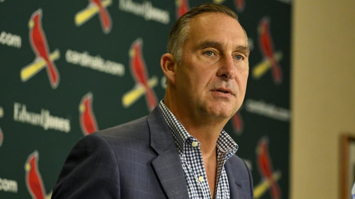 Aug 1, 2023; St. Louis, Missouri, USA;  St. Louis Cardinals president of baseball operations John Mozeliak talks with the media after the Cardinals traded shortstop Paul DeJong (11) and starting pitcher Jack Flaherty (22) before a game against the Minnesota Twins at Busch Stadium. Mandatory Credit: Jeff Curry-USA TODAY Sports