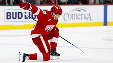 Jan 7, 2025; Detroit, Michigan, USA; Detroit Red Wings right wing Patrick Kane (88) celebrates after scoring in overtime against the Ottawa Senators at Little Caesars Arena. Mandatory Credit: Rick Osentoski-Imagn Images