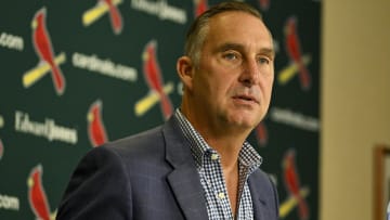 Aug 1, 2023; St. Louis, Missouri, USA;  St. Louis Cardinals president of baseball operations John Mozeliak talks with the media after the Cardinals traded shortstop Paul DeJong (11) and starting pitcher Jack Flaherty (22) before a game against the Minnesota Twins at Busch Stadium. Mandatory Credit: Jeff Curry-USA TODAY Sports