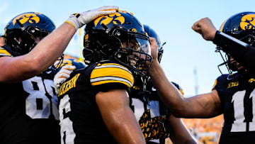 Iowa Hawkeyes wide receiver Seth Anderson (6) celebrates with teammates after scoring a touchdown against the Massachusetts Minutemen Sept. 13, 2025 at Kinnick Stadium in Iowa City, Iowa.