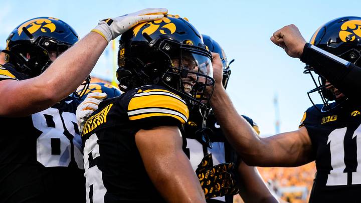 Iowa Hawkeyes wide receiver Seth Anderson (6) celebrates with teammates after scoring a touchdown against the Massachusetts Minutemen Sept. 13, 2025 at Kinnick Stadium in Iowa City, Iowa.