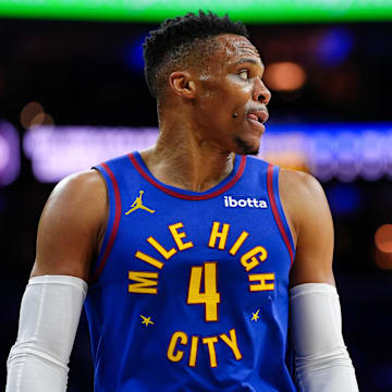 Jan 31, 2025; Philadelphia, Pennsylvania, USA; Denver Nuggets guard Russell Westbrook (4) looks on against the Philadelphia 76ers in the first quarter at Wells Fargo Center. Mandatory Credit: Kyle Ross-Imagn Images