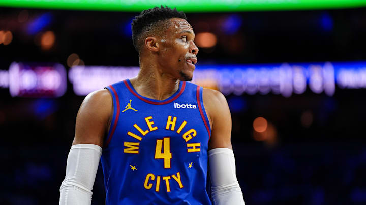 Jan 31, 2025; Philadelphia, Pennsylvania, USA; Denver Nuggets guard Russell Westbrook (4) looks on against the Philadelphia 76ers in the first quarter at Wells Fargo Center. Mandatory Credit: Kyle Ross-Imagn Images Jan 31, 2025; Philadelphia, Pennsylvania, USA; Denver Nuggets guard Russell Westbrook (4) looks on against the Philadelphia 76ers in the first quarter at Wells Fargo Center. Mandatory Credit: Kyle Ross-Imagn Images