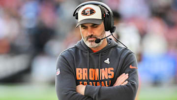 Nov 3, 2024; Cleveland, Ohio, USA; Cleveland Browns head coach Kevin Stefanski reacts during the second half against the Los Angeles Chargers at Huntington Bank Field. Mandatory Credit: Ken Blaze-Imagn Images
