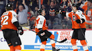 Oct 20, 2025; Philadelphia, Pennsylvania, USA; Philadelphia Flyers right wing Travis Konecny (11) reacts after scoring a goal against the Seattle Kraken in the second period at Xfinity Mobile Arena. Mandatory Credit: Kyle Ross-Imagn Images