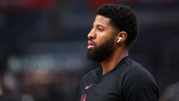 Apr 12, 2024; Los Angeles, California, USA;  Los Angeles Clippers forward Paul George (13) warms up prior to the NBA game against the Utah Jazz at Crypto.com Arena. Mandatory Credit: