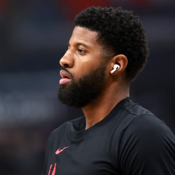 Apr 12, 2024; Los Angeles, California, USA;  Los Angeles Clippers forward Paul George (13) warms up prior to the NBA game against the Utah Jazz at Crypto.com Arena. Mandatory Credit: