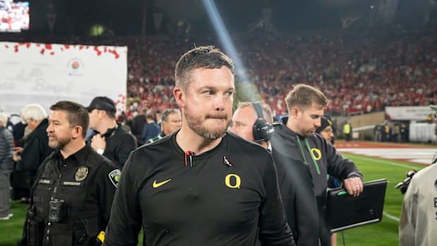 Oregon head coach Dan Lanning walks off the field as the Oregon Ducks face the Ohio State Buckeyes 