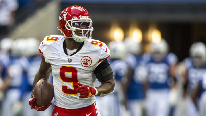 Sep 25, 2022; Indianapolis, Indiana, USA; Kansas City Chiefs wide receiver JuJu Smith-Schuster (9) smiles during warm ups before the game against the Indianapolis Colts at Lucas Oil Stadium. Mandatory Credit: Marc Lebryk-USA TODAY Sports