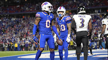 Sep 7, 2025; Orchard Park, New York, USA;  Buffalo Bills wide receiver Keon Coleman (0) celebrates a touchdown  during the fourth quarter against the Baltimore Ravens at Highmark Stadium. Mandatory Credit: Gregory Fisher-Imagn Images