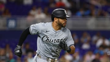 Jul 5, 2024; Miami, Florida, USA; Chicago White Sox right fielder Tommy Pham (28) runs toward first base after hitting a single against the Miami Marlins during the seventh inning at loanDepot Park.