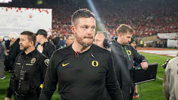 Oregon head coach Dan Lanning walks off the field as the Oregon Ducks face the Ohio State Buckeyes on Wednesday, Jan. 1, 2025, in the quarterfinal of the College Football Playoff at the Rose Bowl in Pasadena, Calif.