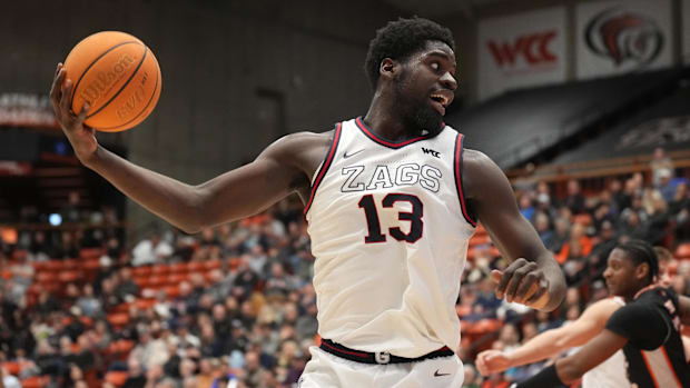 Gonzaga Bulldogs forward Graham Ike (13) handles the ball against the Pacific Tigers during the second half of a game.