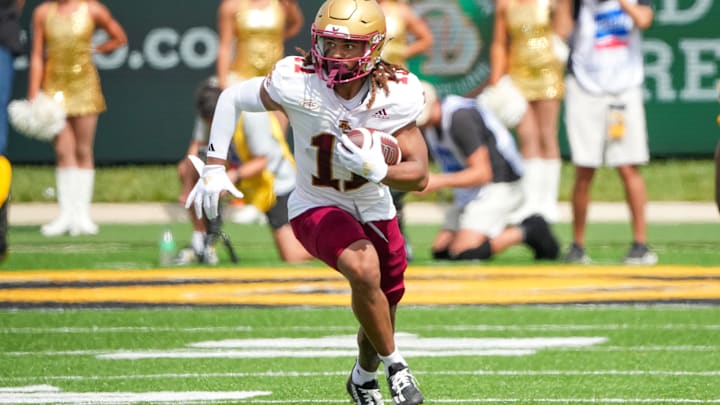 Sep 14, 2024; Columbia, Missouri, USA; Boston College Eagles wide receiver Lewis Bond (11) runs the ball against the Missouri Tigers during the first half at Faurot Field at Memorial Stadium. Mandatory Credit: Denny Medley-Imagn Images