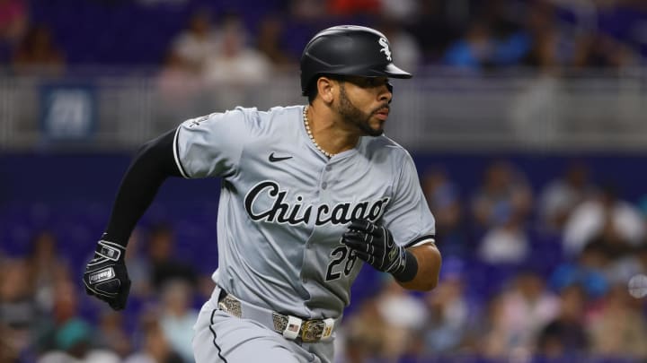 Jul 5, 2024; Miami, Florida, USA; Chicago White Sox right fielder Tommy Pham (28) runs toward first base after hitting a single against the Miami Marlins during the seventh inning at loanDepot Park. Mandatory Credit: Sam Navarro-USA TODAY Sports