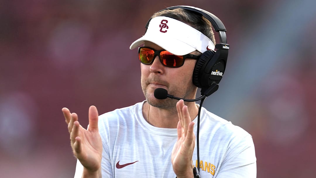 Sep 3, 2022; Los Angeles, California, USA; Southern California Trojans head coach Lincoln Riley reacts in the second half against the Rice Owls at United Airlines Field at Los Angeles Memorial Coliseum. Mandatory Credit: Kirby Lee-Imagn Images