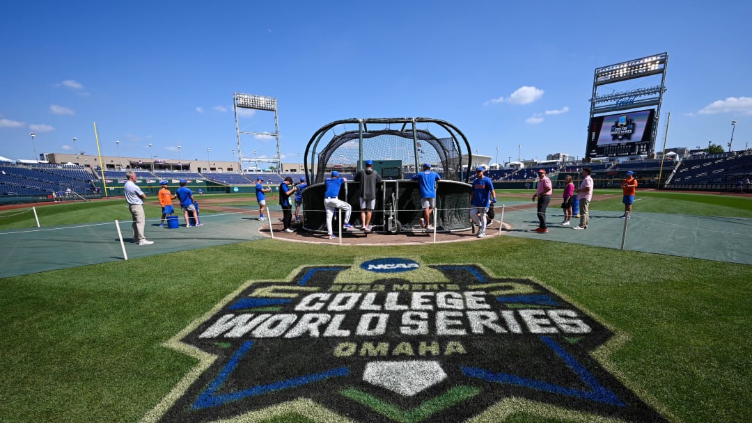 Jun 26, 2023; Omaha, NE, USA;  The Florida Gators take batting practice before the game against the LSU Tigers at Charles Schwab Field Omaha. Mandatory Credit: Steven Branscombe-USA TODAY Sports
