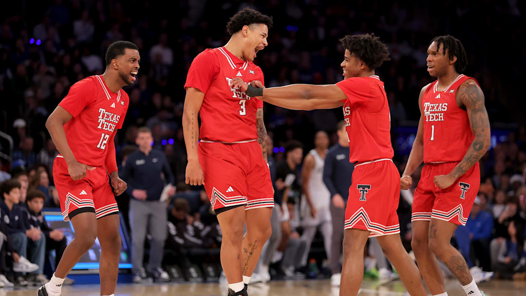 Texas Tech Red Raiders forward Lejuan Watts (3) and guard Christian Anderson (4) react with guards Donovan Atwell (12) and Tyeree Bryan (1). Mandatory Credit: Brad Penner-Imagn Images