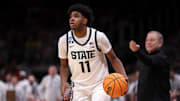 Mar 28, 2025; Atlanta, GA, USA; Michigan State Spartans guard Jase Richardson (11) in the second half of a South Regional semifinal of the 2025 NCAA tournament against the Mississippi Rebels at State Farm Arena. Mandatory Credit: Brett Davis-Imagn Images