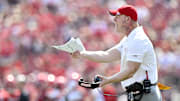 Sep 20, 2025; Louisville, Kentucky, USA;  Louisville Cardinals head coach Jeff Brohm reacts during the second half against the Bowling Green Falcons at L&N Federal Credit Union Stadium. Louisville defeated Bowling Green 40-17. Mandatory Credit: Jamie Rhodes-Imagn Images