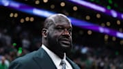Jun 6, 2024; Boston, Massachusetts, USA; Shaquille O'Neal looks on before the game between the Boston Celtics and the Dallas Mavericks in game one of the 2024 NBA Finals at TD Garden. Mandatory Credit: David Butler II-Imagn Images
