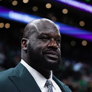 Jun 6, 2024; Boston, Massachusetts, USA; Shaquille O'Neal looks on before the game between the Boston Celtics and the Dallas Mavericks in game one of the 2024 NBA Finals at TD Garden. Mandatory Credit: David Butler II-Imagn Images