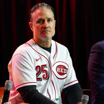 Cincinnati Reds manager David Bell, left, and General Manager Nick Krall answer questions during Redsfest, Friday, Dec. 2, 2022, at Duke Energy Convention Center in Cincinnati.

Cincinnati Redsfest Dec 2 1607