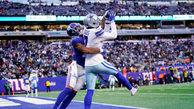 intercepts a pass in the endzone intended for New York Giants wide receiver Kenny Golladay (19) in the second half at MetLife