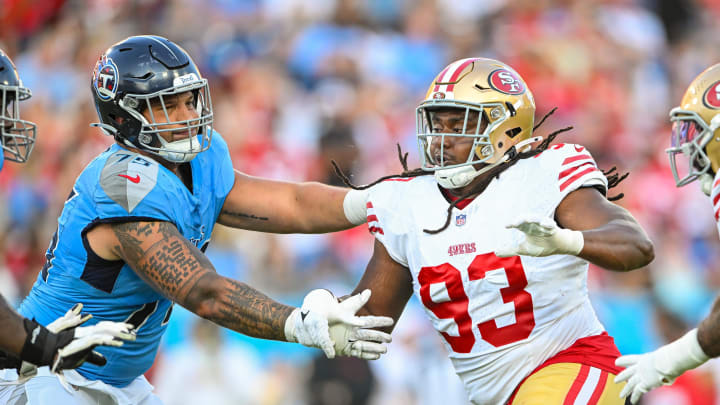 Aug 10, 2024; Nashville, Tennessee, USA;  San Francisco 49ers defensive tackle Kalia Davis (93) rushes the quarterback against the Tennessee Titans at Nissan Stadium. Mandatory Credit: Steve Roberts-USA TODAY Sports