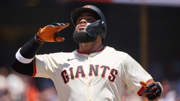 Jun 15, 2024; San Francisco, California, USA; San Francisco Giants outfielder Heliot Ramos (17) reacts after hitting a two run home run against the Los Angeles Angels during the first inning at Oracle Park. 
