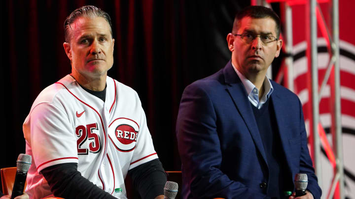 Cincinnati Reds manager David Bell, left, and General Manager Nick Krall answer questions during Redsfest, Friday, Dec. 2, 2022, at Duke Energy Convention Center in Cincinnati.

Cincinnati Redsfest Dec 2 1607