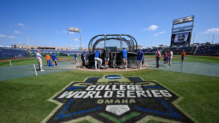 Jun 26, 2023; Omaha, NE, USA;  The Florida Gators take batting practice before the game against the LSU Tigers at Charles Schwab Field Omaha. Mandatory Credit: Steven Branscombe-USA TODAY Sports