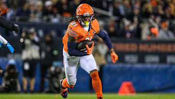 Nov 9, 2023; Chicago, Illinois, USA; Chicago Bears running back D'Onta Foreman (21) runs the ball against the Carolina Panthers during the first quarter at Soldier Field.