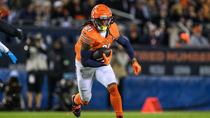 Nov 9, 2023; Chicago, Illinois, USA; Chicago Bears running back D'Onta Foreman (21) runs the ball against the Carolina Panthers during the first quarter at Soldier Field.