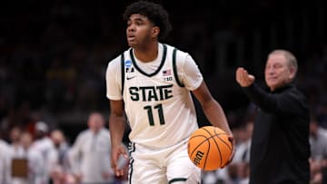 Mar 28, 2025; Atlanta, GA, USA; Michigan State Spartans guard Jase Richardson (11) in the second half of a South Regional semifinal of the 2025 NCAA tournament against the Mississippi Rebels at State Farm Arena. Mandatory Credit: Brett Davis-Imagn Images