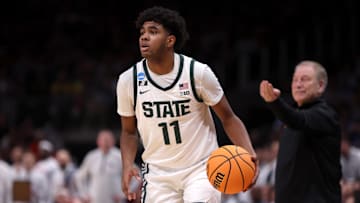 Mar 28, 2025; Atlanta, GA, USA; Michigan State Spartans guard Jase Richardson (11) in the second half of a South Regional semifinal of the 2025 NCAA tournament against the Mississippi Rebels at State Farm Arena. Mandatory Credit: Brett Davis-Imagn Images