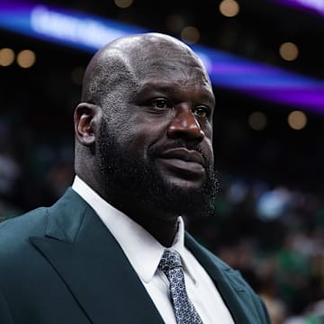 Jun 6, 2024; Boston, Massachusetts, USA; Shaquille O'Neal looks on before the game between the Boston Celtics and the Dallas Mavericks in game one of the 2024 NBA Finals at TD Garden. Mandatory Credit: David Butler II-Imagn Images