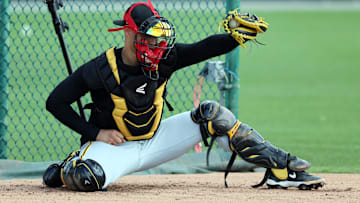 Feb 12, 2025; Bradenton, FL, USA;  Pittsburgh Pirates catcher Endy Rodriguez (5) during spring training workouts at Pirate City. Mandatory Credit: Kim Klement Neitzel-Imagn Images