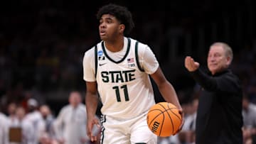 Mar 28, 2025; Atlanta, GA, USA; Michigan State Spartans guard Jase Richardson (11) in the second half of a South Regional semifinal of the 2025 NCAA tournament against the Mississippi Rebels at State Farm Arena. Mandatory Credit: Brett Davis-Imagn Images