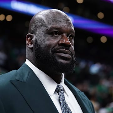 Jun 6, 2024; Boston, Massachusetts, USA; Shaquille O'Neal looks on before the game between the Boston Celtics and the Dallas Mavericks in game one of the 2024 NBA Finals at TD Garden. Mandatory Credit: David Butler II-Imagn Images