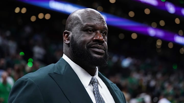 Jun 6, 2024; Boston, Massachusetts, USA; Shaquille O'Neal looks on before the game between the Boston Celtics and the Dallas Mavericks in game one of the 2024 NBA Finals at TD Garden. Mandatory Credit: David Butler II-Imagn Images