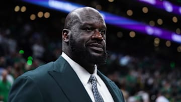 Jun 6, 2024; Boston, Massachusetts, USA; Shaquille O'Neal looks on before the game between the Boston Celtics and the Dallas Mavericks in game one of the 2024 NBA Finals at TD Garden. Mandatory Credit: David Butler II-Imagn Images